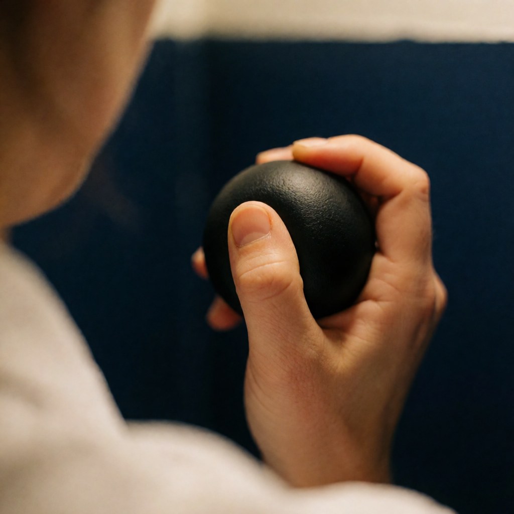 Close-up of hands pressing a black stress ball to relieve tension and promote mental wellness in a therapy setting