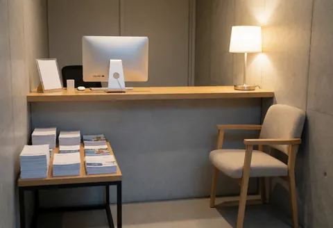 Clean psychology reception with computer, waiting chair, brochures, concrete walls, warm lighting, and professional atmosphere