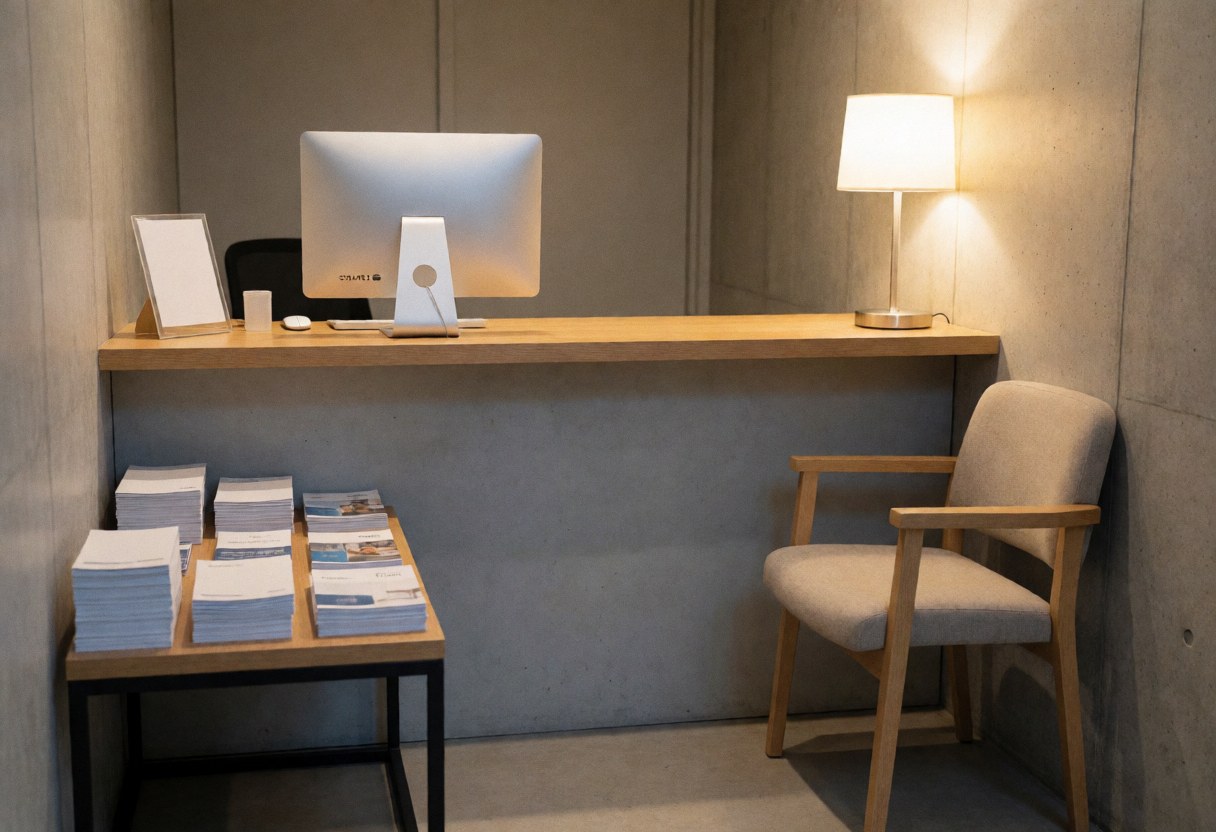 Clean psychology reception with computer, waiting chair, brochures, concrete walls, warm lighting, and professional atmosphere