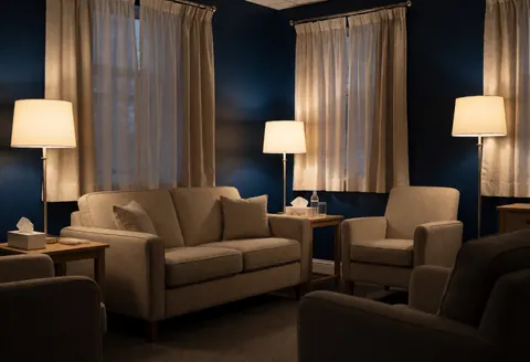 A quiet therapy office featuring blue walls, a sofa, armchairs, lamps, and curtains, creating a warm and private atmosphere for psychological consultations.