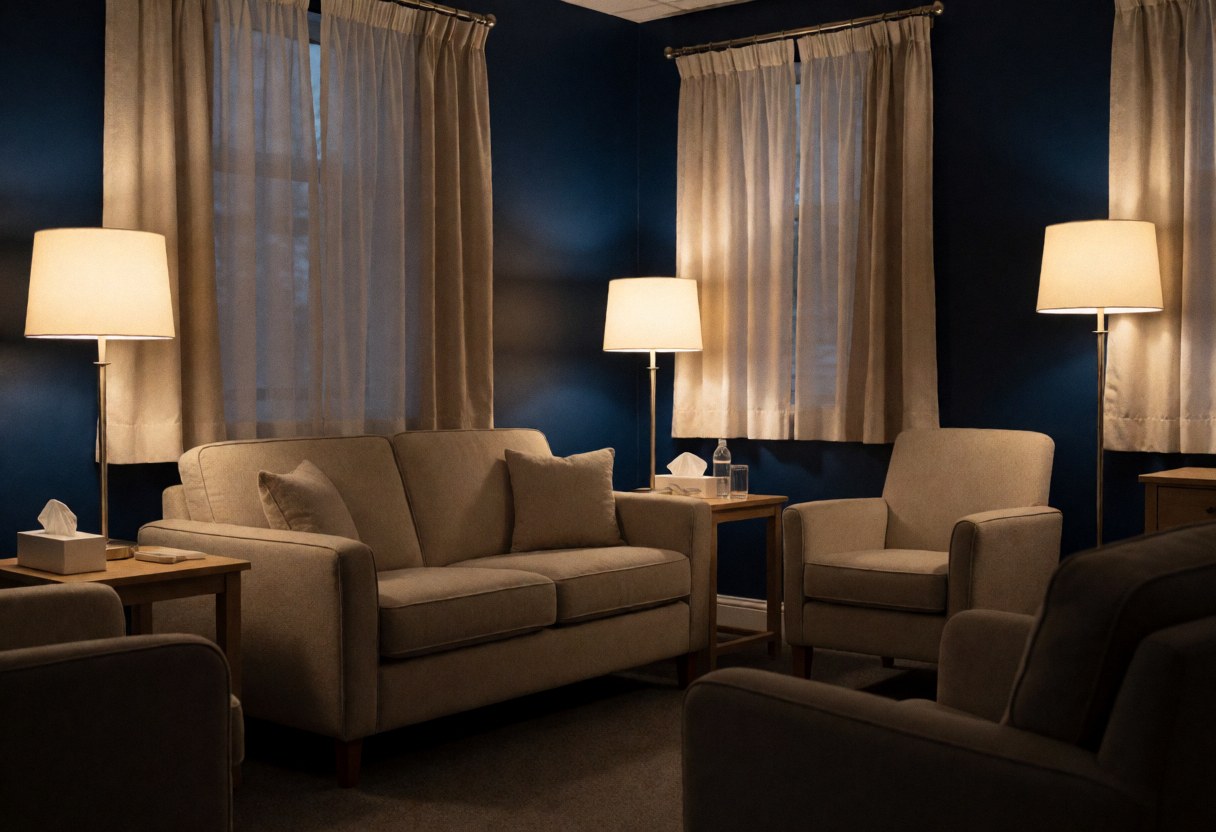 A quiet therapy office featuring blue walls, a sofa, armchairs, lamps, and curtains, creating a warm and private atmosphere for psychological consultations.