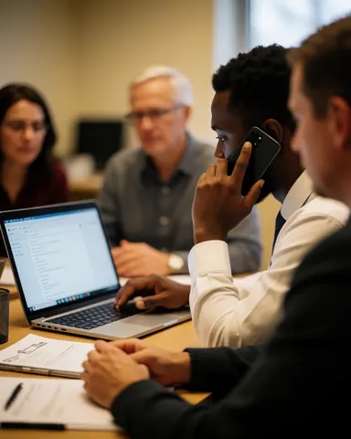 A businessman speaks on his cell phone while working on a laptop during a team meeting with colleagues in a modern office.
