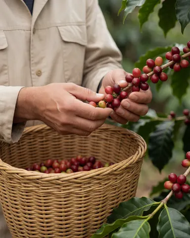 A coffee farmer picks ripe red coffee cherries from a branch and places them into a woven basket in a field under soft natural light.