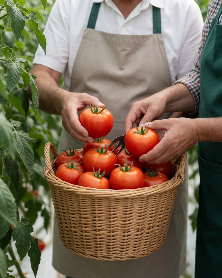 Two people collect ripe tomatoes into a wicker basket inside a greenhouse surrounded by green plants under natural light