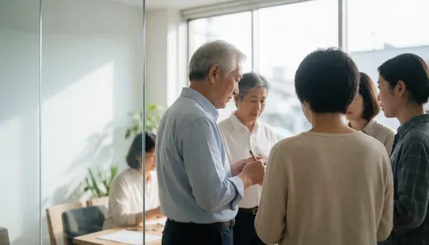 A diverse group of professionals working together in a bright modern office with large windows and plants