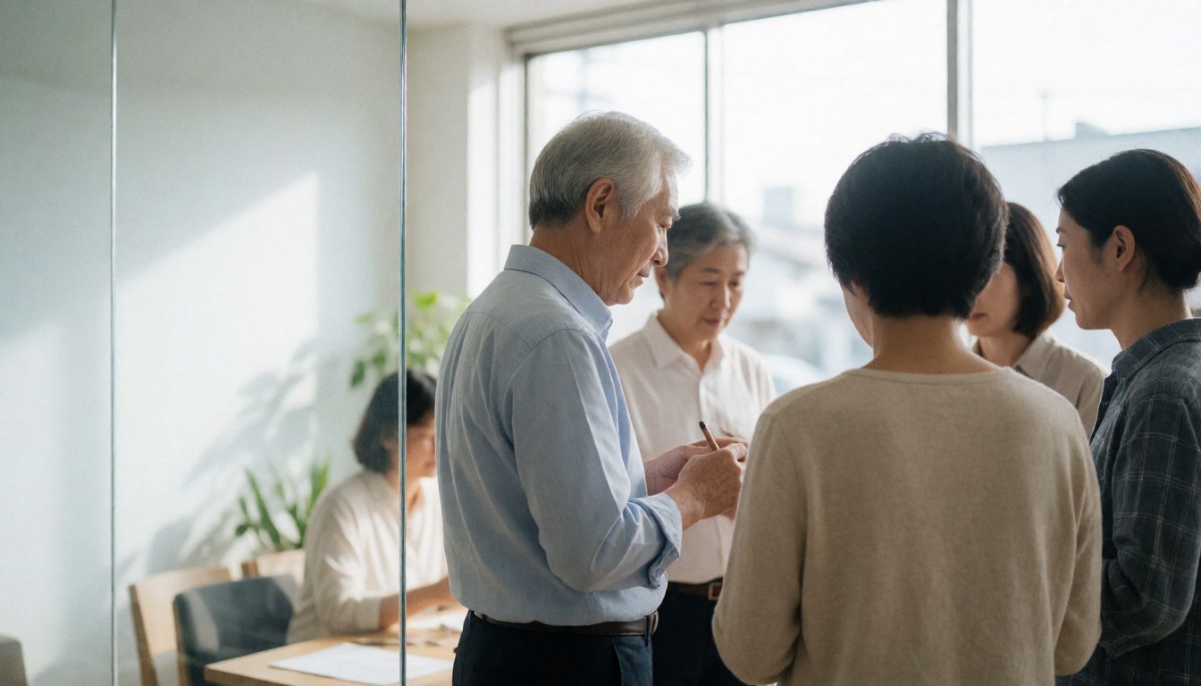 A diverse group of professionals working together in a bright modern office with large windows and plants