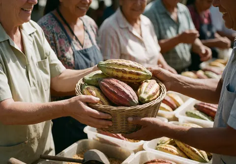 A coffee maker and fresh cacao beans in a basket at a market, with hands exchanging the beans in a natural setting.