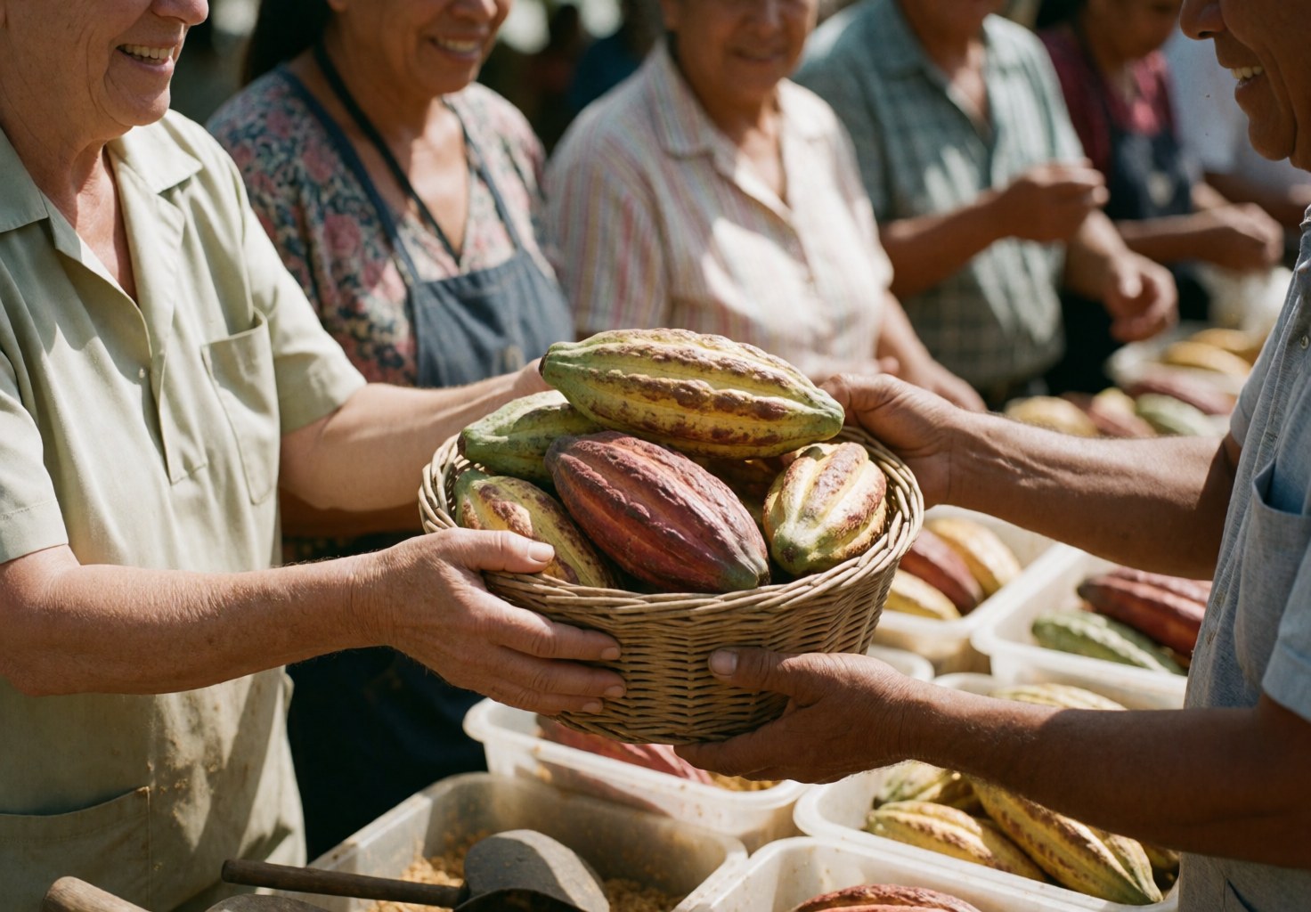 A coffee maker and fresh cacao beans in a basket at a market, with hands exchanging the beans in a natural setting.