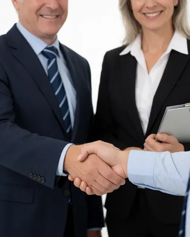 Two professional recruiters shaking hands and smiling in a bright office setting, symbolizing collaboration and successful hiring agreements.