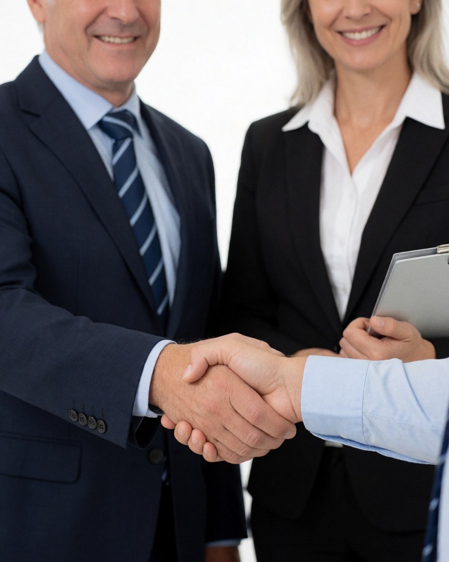 Two professional recruiters shaking hands and smiling in a bright office setting, symbolizing collaboration and successful hiring agreements.