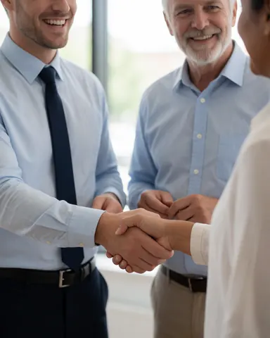 A satisfied older male professional smiles while shaking hands with a colleague after a business meeting in an office setting.