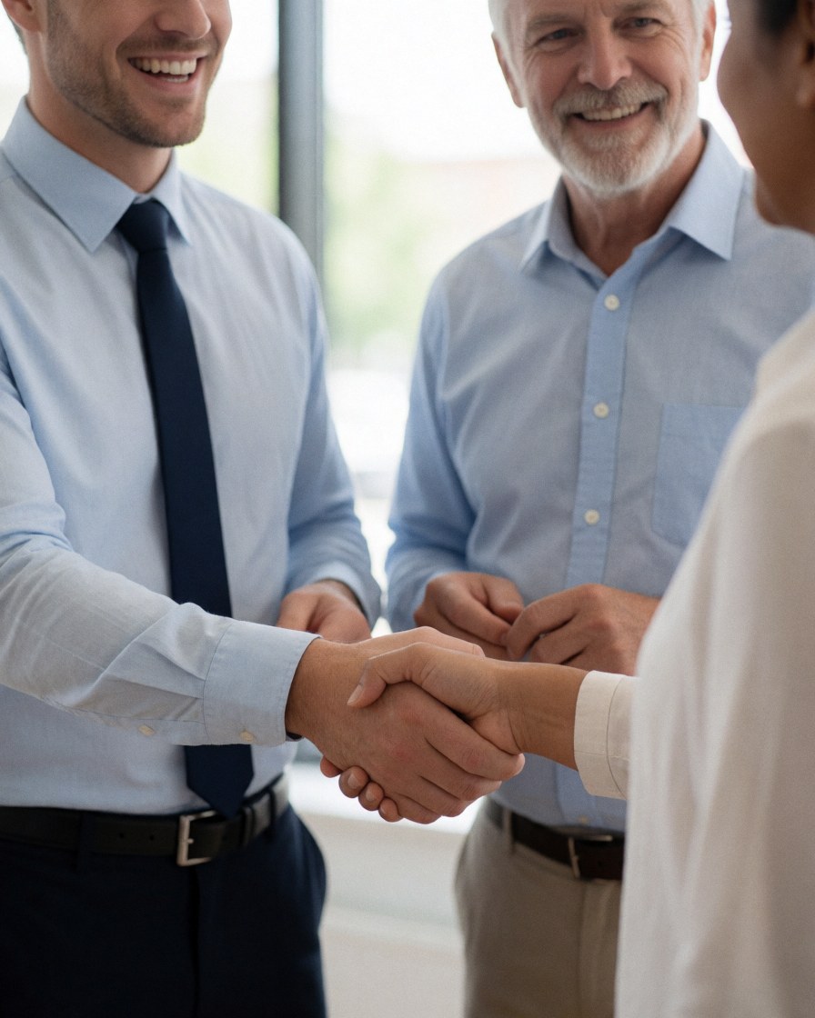 A satisfied older male professional smiles while shaking hands with a colleague after a business meeting in an office setting.