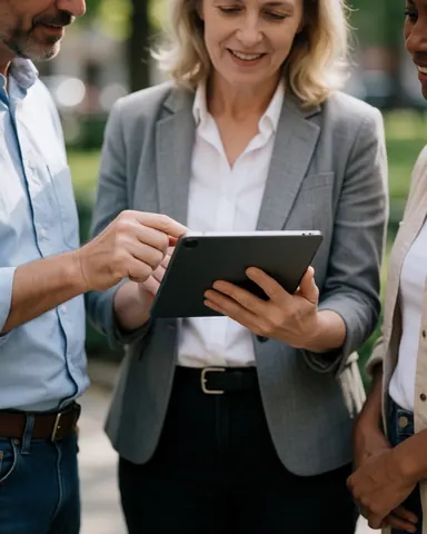 Three professionals in casual attire review a tablet in a park, smiling and conversing in a natural urban setting.