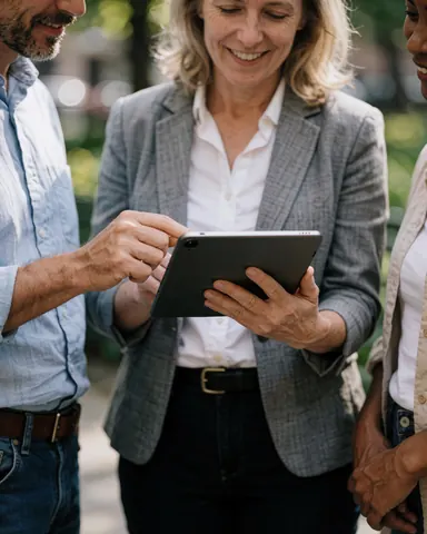 Three professionals in casual attire review a tablet in a park, smiling and conversing in a natural urban setting.