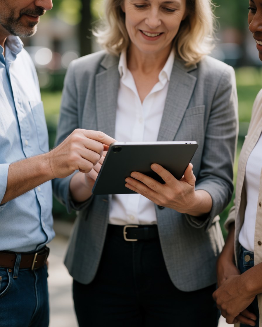 Three professionals in casual attire review a tablet in a park, smiling and conversing in a natural urban setting.