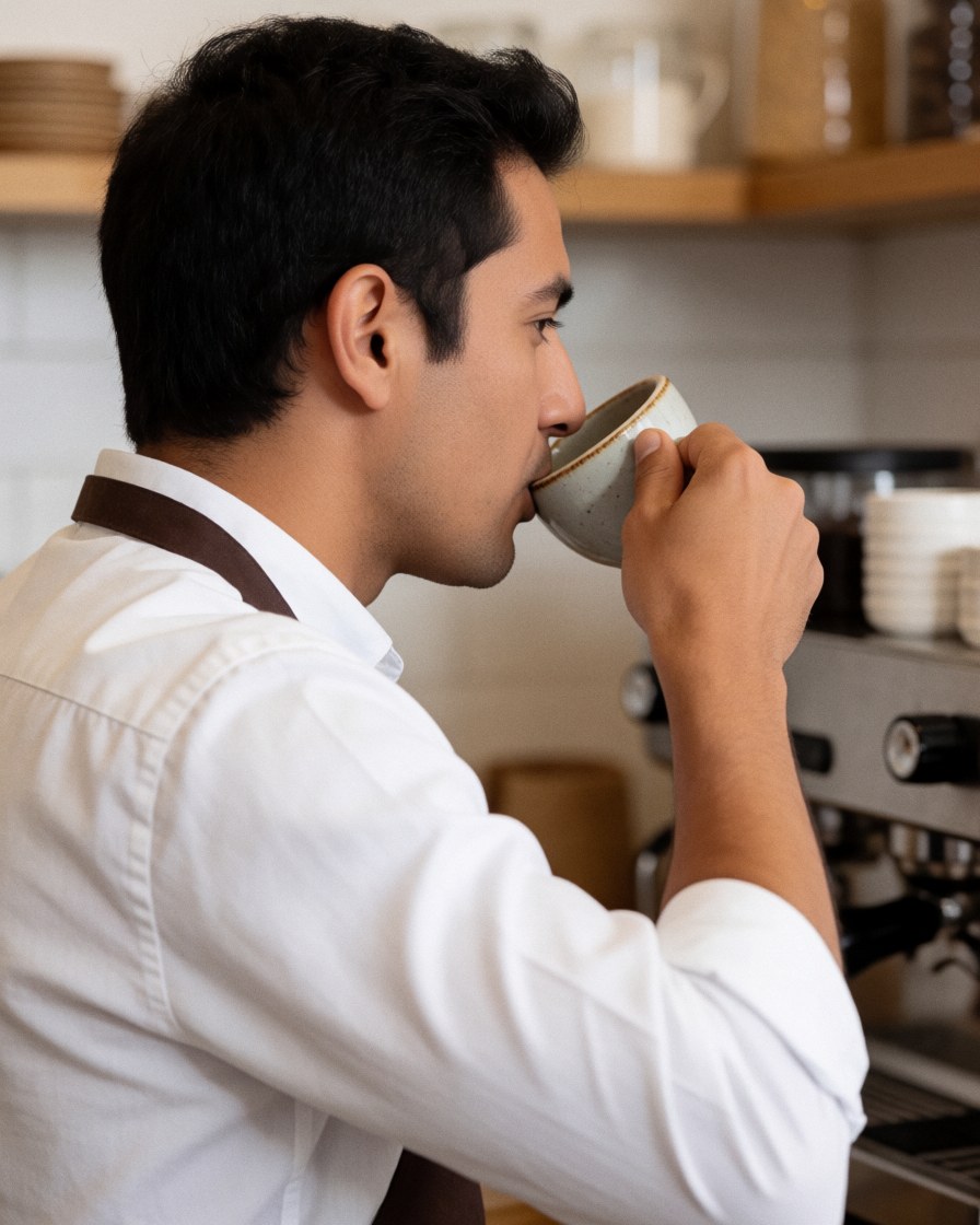 A relaxed customer smiling while holding a ceramic cup of coffee in a cozy cafe setting