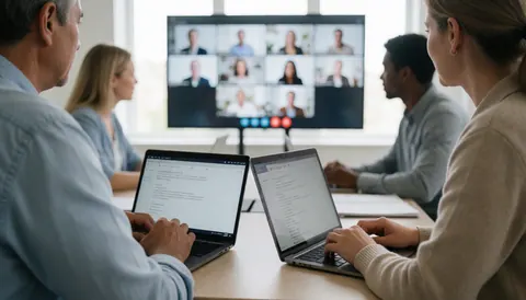 Four professionals collaborate in a bright office, using laptops and a large screen for a video conference during a team meeting.