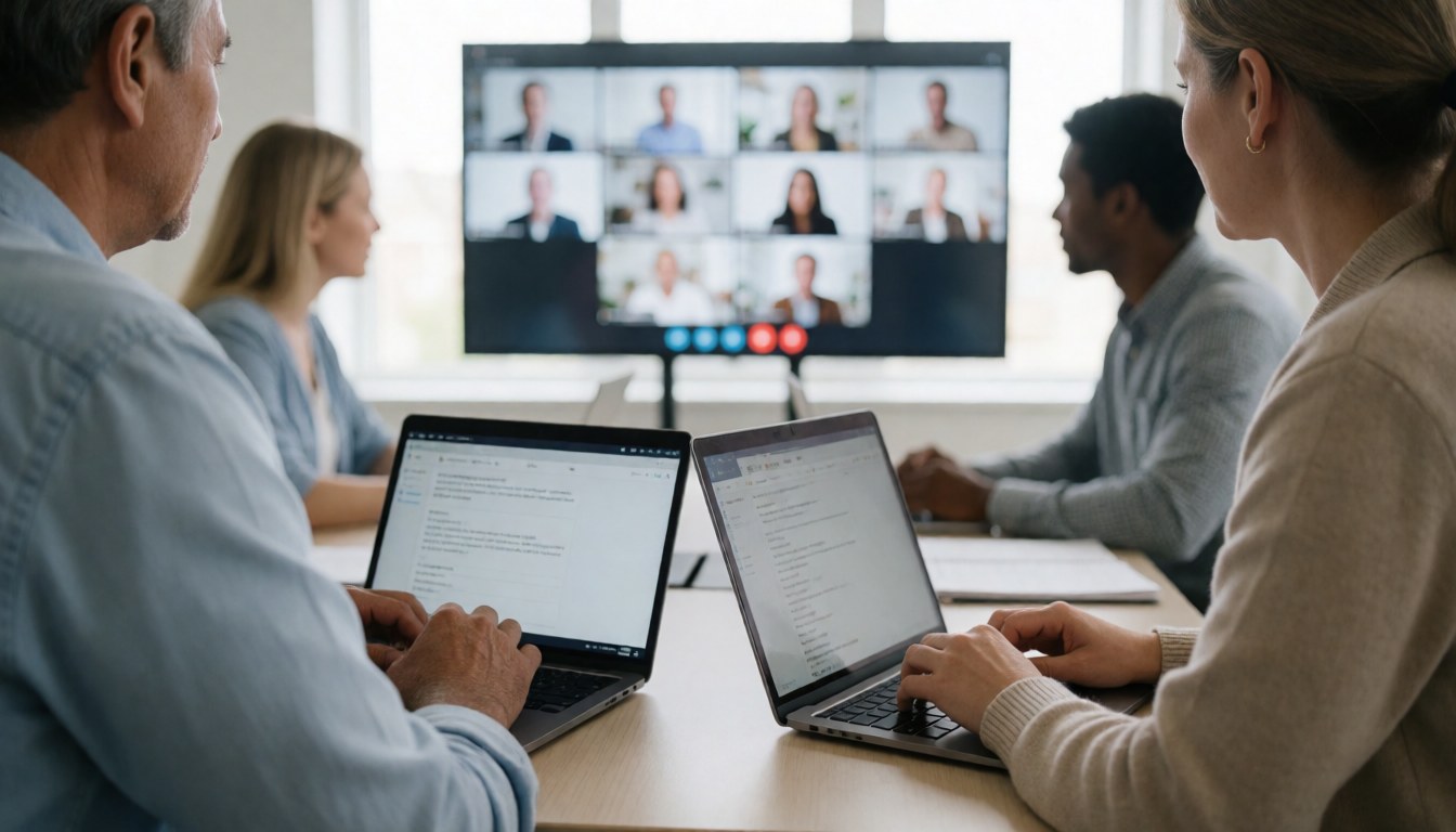 Four professionals collaborate in a bright office, using laptops and a large screen for a video conference during a team meeting.