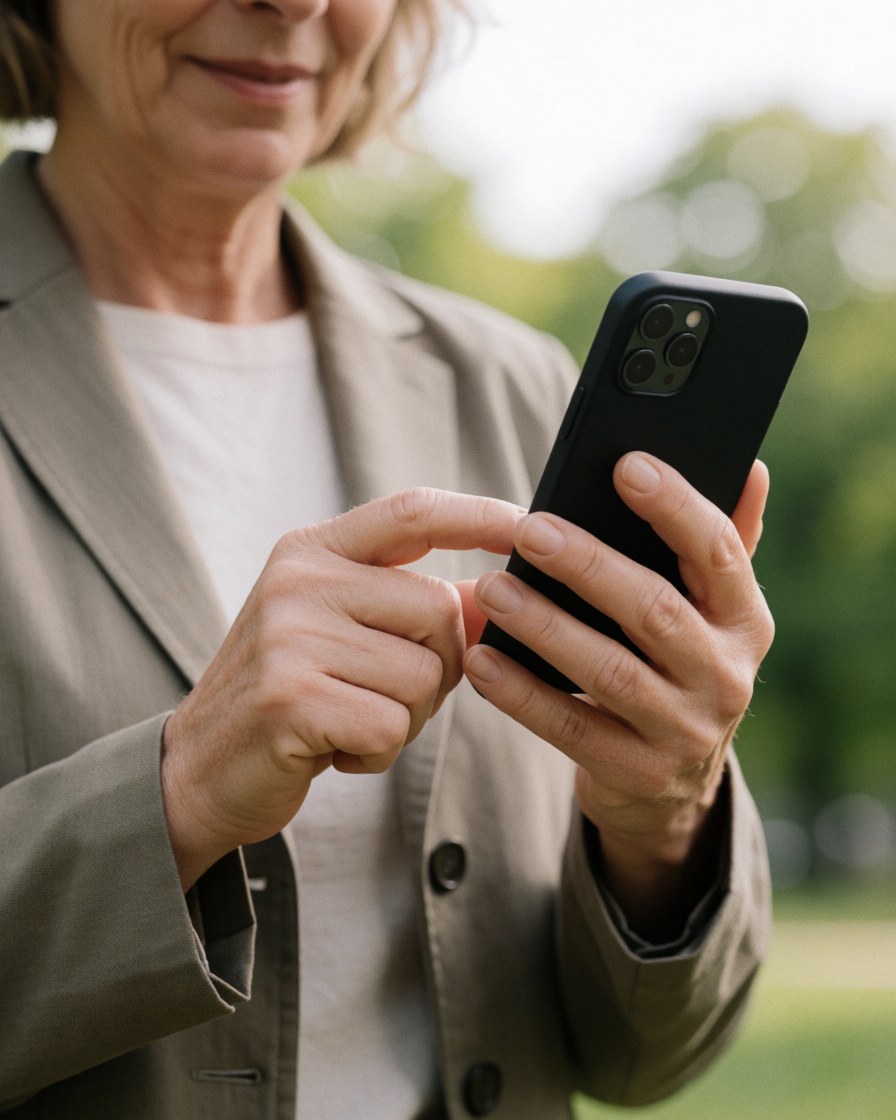 A smiling businesswoman checks her phone outdoors in a park with a blurred green background, looking satisfied after a successful job interview.