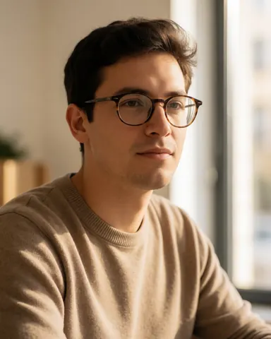 Young male developer wearing glasses and a sweater sits in a bright co-working office, looking thoughtfully to the side with a laptop and coffee nearby.