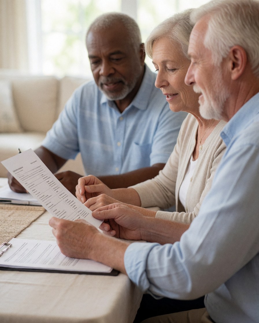 A happy couple sitting at a wooden table at home, reviewing a document together with smiles and natural light