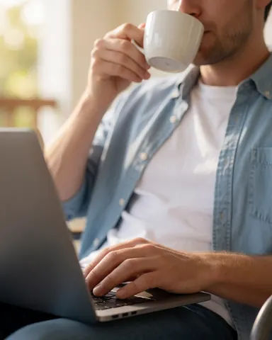A relaxed man with a beard sits at a table in a sunlit room, working on a laptop with a coffee cup nearby, enjoying a productive morning at home.