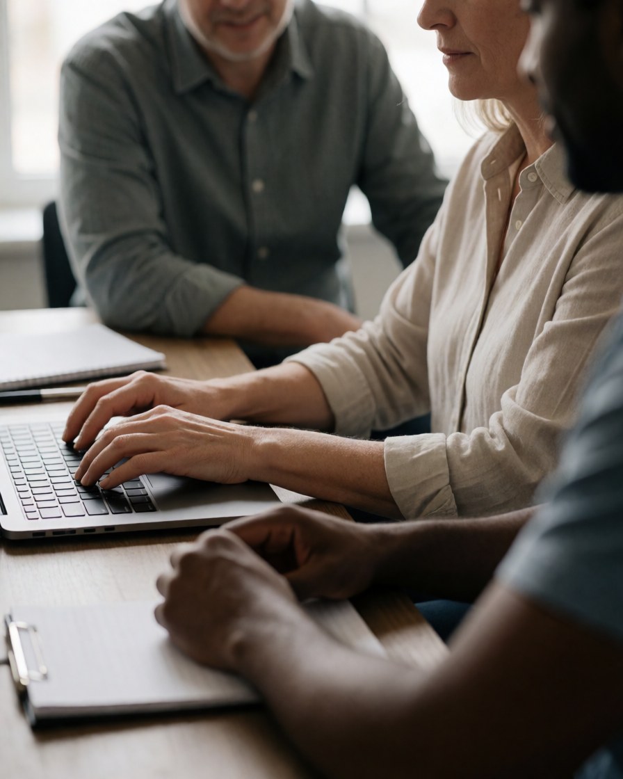 Three colleagues work together on a laptop at a wooden desk in a bright modern office, with documents and a notebook nearby.