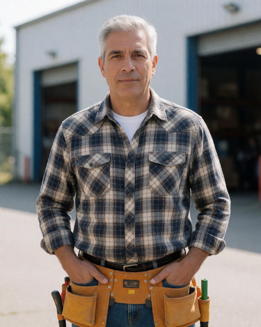 Middle-aged man wearing plaid shirt and tool belt looking at camera in front of industrial warehouse during daylight