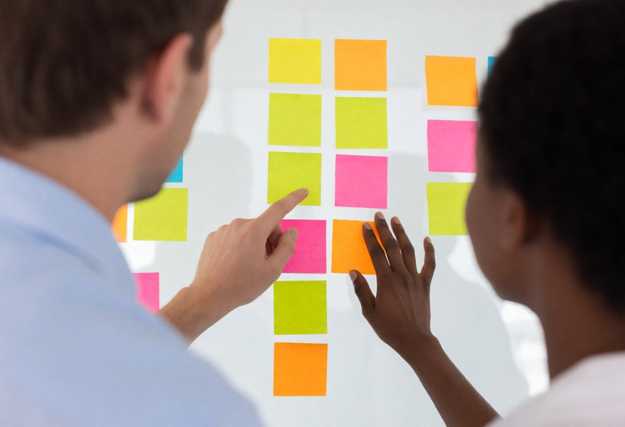 Close-up of hands placing colorful sticky notes on a wall during a collaborative team meeting to organize business ideas and tasks