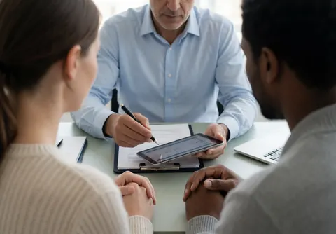 Professional insurance agent uses a tablet to explain coverage details to a seated couple in an office setting with documents and a laptop.