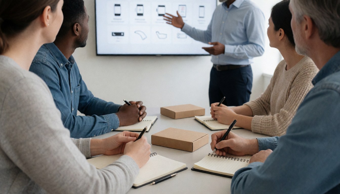Instructor explains tools on a screen during team training in a modern office while employees take notes and use welcome kits.