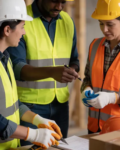 Three workers in hard hats and reflective vests review architectural plans together on a construction site, demonstrating professional teamwork and safety.