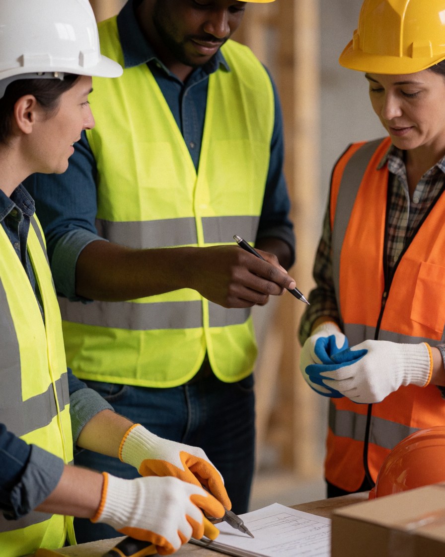 Three workers in hard hats and reflective vests review architectural plans together on a construction site, demonstrating professional teamwork and safety.