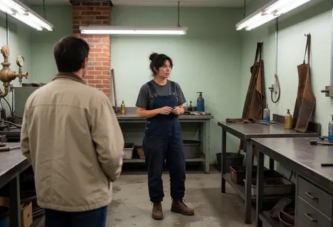 Female professional in industrial workshop explaining a process to a client, featuring green walls, brick chimney, metal workbenches, and hanging tools.