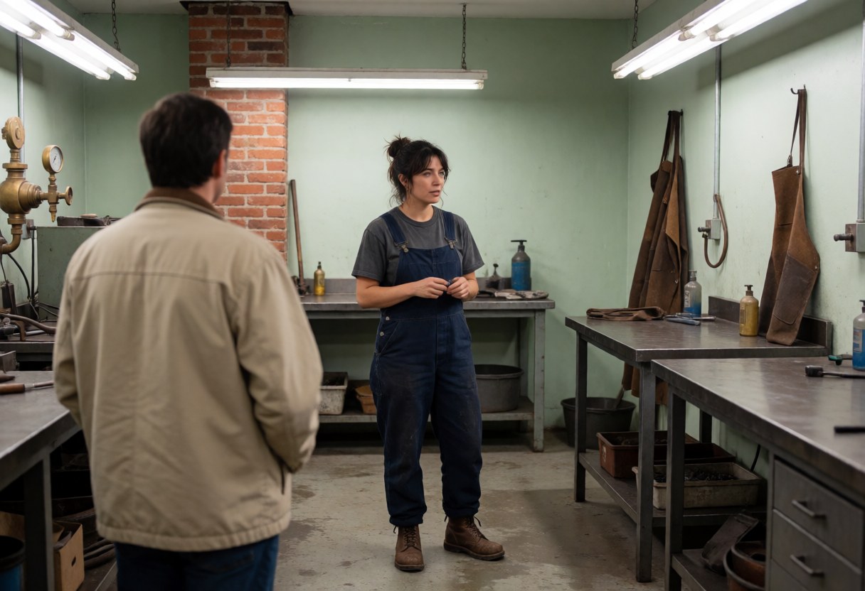 Female professional in industrial workshop explaining a process to a client, featuring green walls, brick chimney, metal workbenches, and hanging tools.