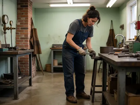 Woman wearing gloves working in an industrial workshop with tools, green walls, and concrete floor