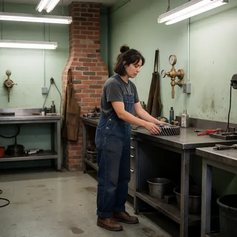 A finished metal component sits on a workbench in a factory setting, surrounded by tools and industrial equipment.