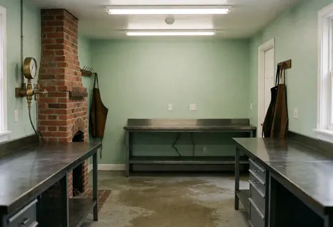 A clean and organized empty manufacturing workspace featuring exposed brick walls, metal workbenches, and industrial lighting ready for business use