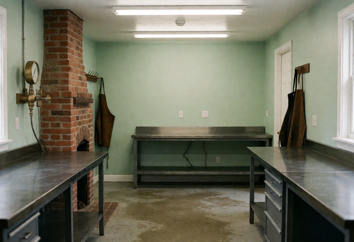 A clean and organized empty manufacturing workspace featuring exposed brick walls, metal workbenches, and industrial lighting ready for business use
