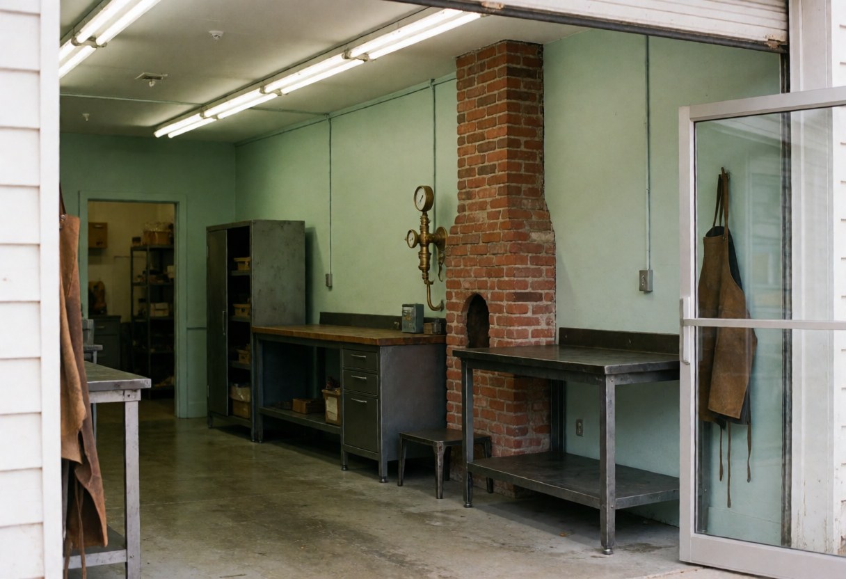 Front view of a brick workshop building with a chimney, entrance door, and windows, representing a small manufacturing facility.