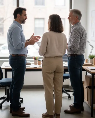 Three colleagues discussing and working together during an office meeting with natural light, desks, chairs, and plants visible.