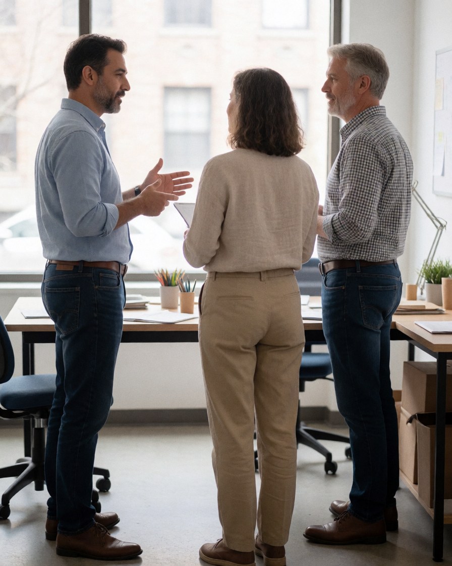 Three colleagues discussing and working together during an office meeting with natural light, desks, chairs, and plants visible.