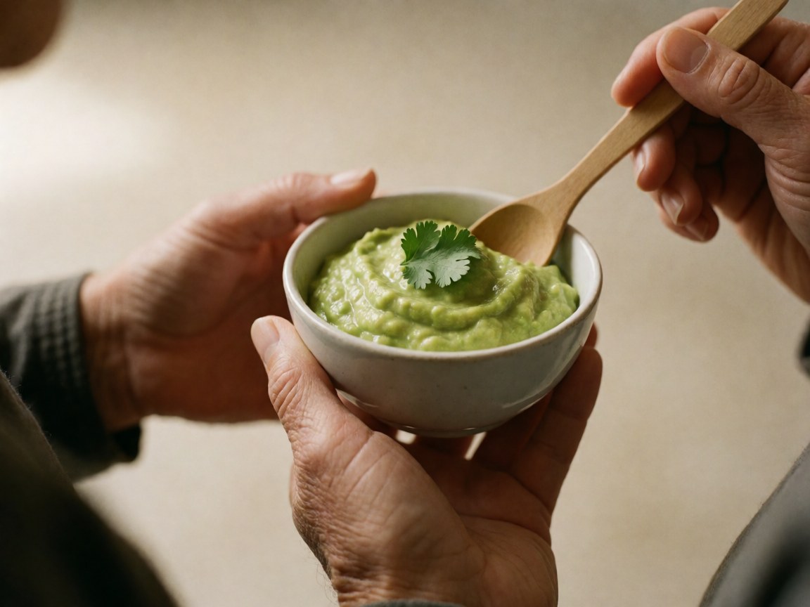Green guacamole with cilantro in a white bowl held by hands with a wooden spoon on a neutral background