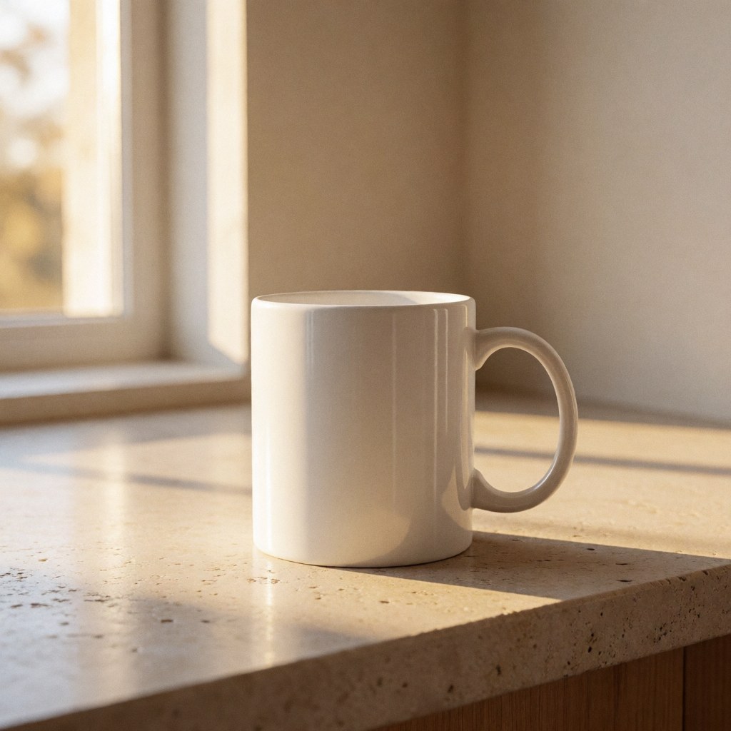 A ceramic mug sits on a stone countertop, bathed in warm golden sunlight streaming through a window, creating soft shadows and a calm, neutral atmosphere ideal for product branding.
