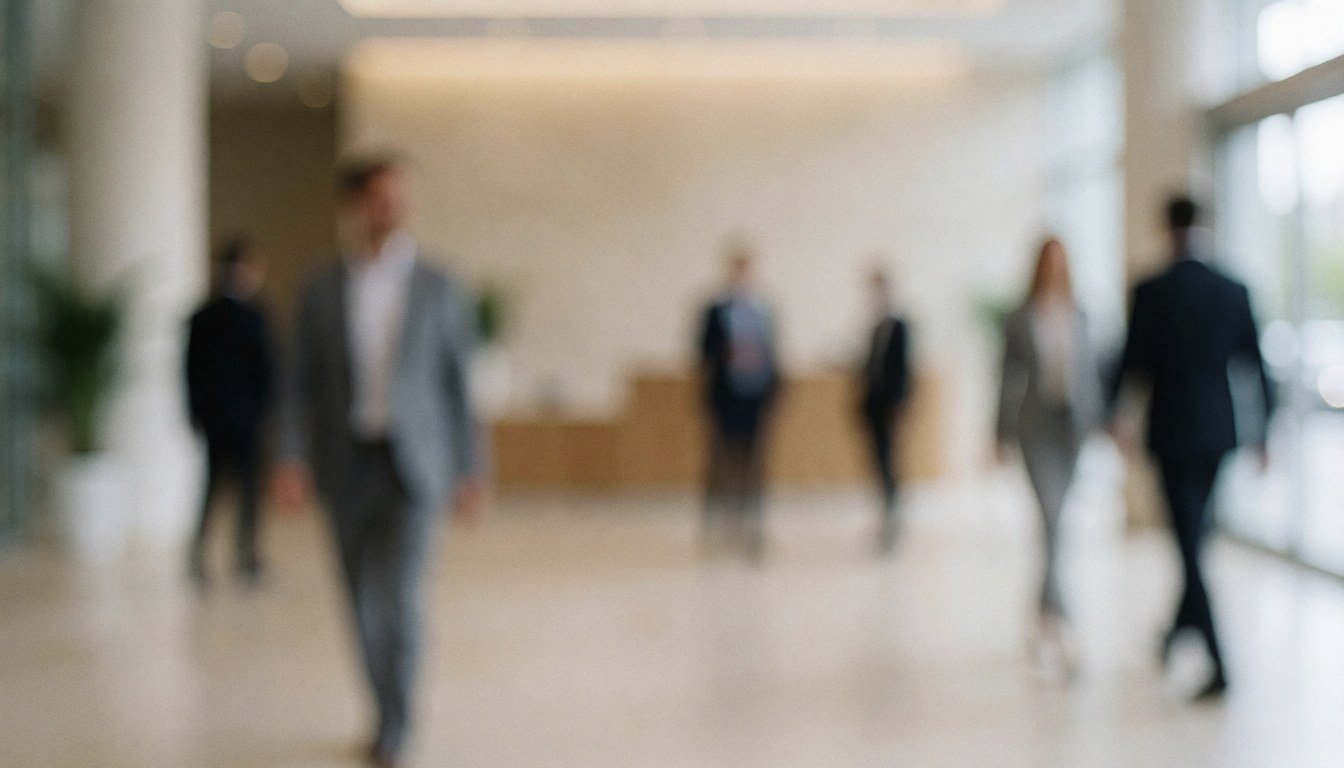 A soft focus image of a modern office corridor with neutral beige and gray tones, ideal for corporate presentations and business text backgrounds