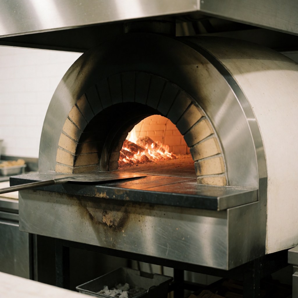 Close-up view of a professional commercial wood-fired brick pizza oven with glowing embers inside, designed for industrial kitchen use.