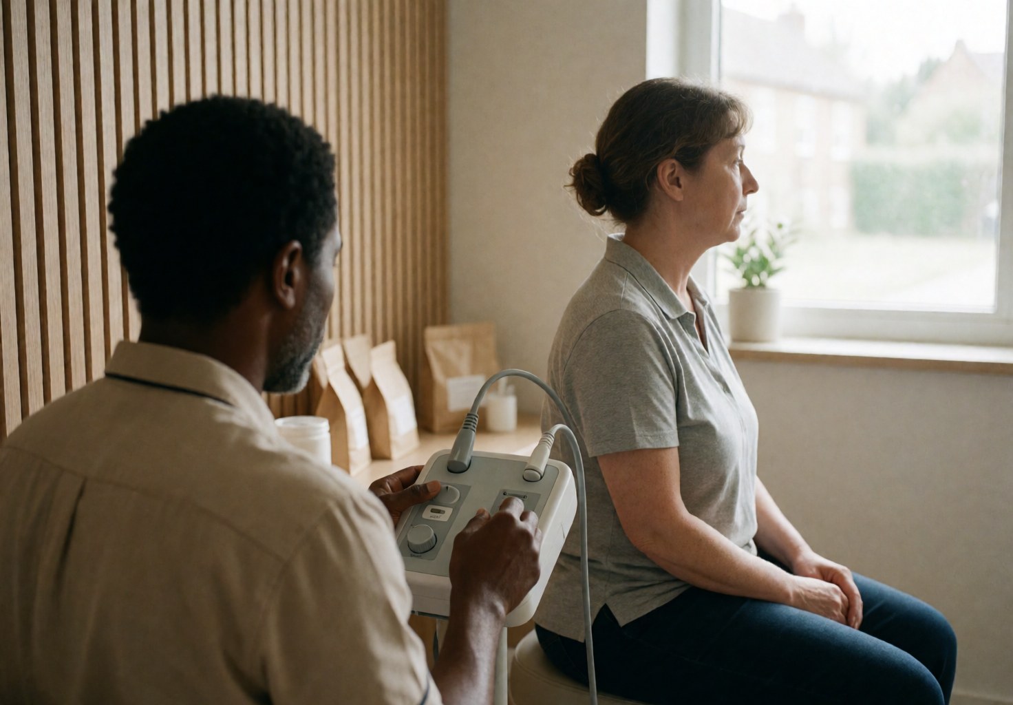 A therapist adjusts a therapeutic device while a client sits quietly by a window in a calm, wood-paneled room.