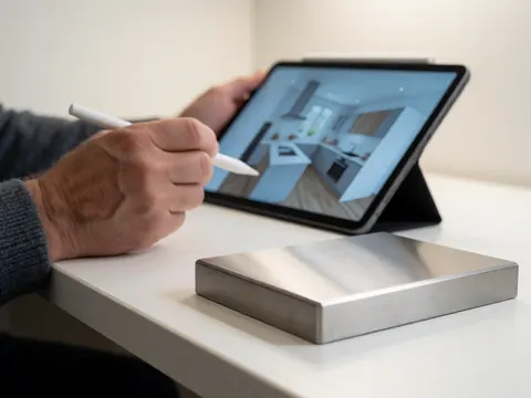 Close-up of a stainless steel sample in a professional kitchen with a hand using a tablet displaying a 3D design in the background