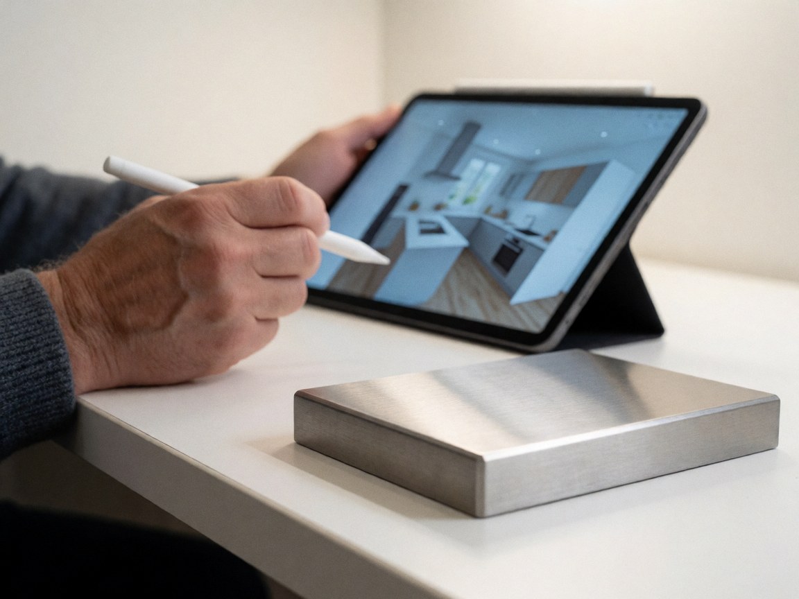 Close-up of a stainless steel sample in a professional kitchen with a hand using a tablet displaying a 3D design in the background