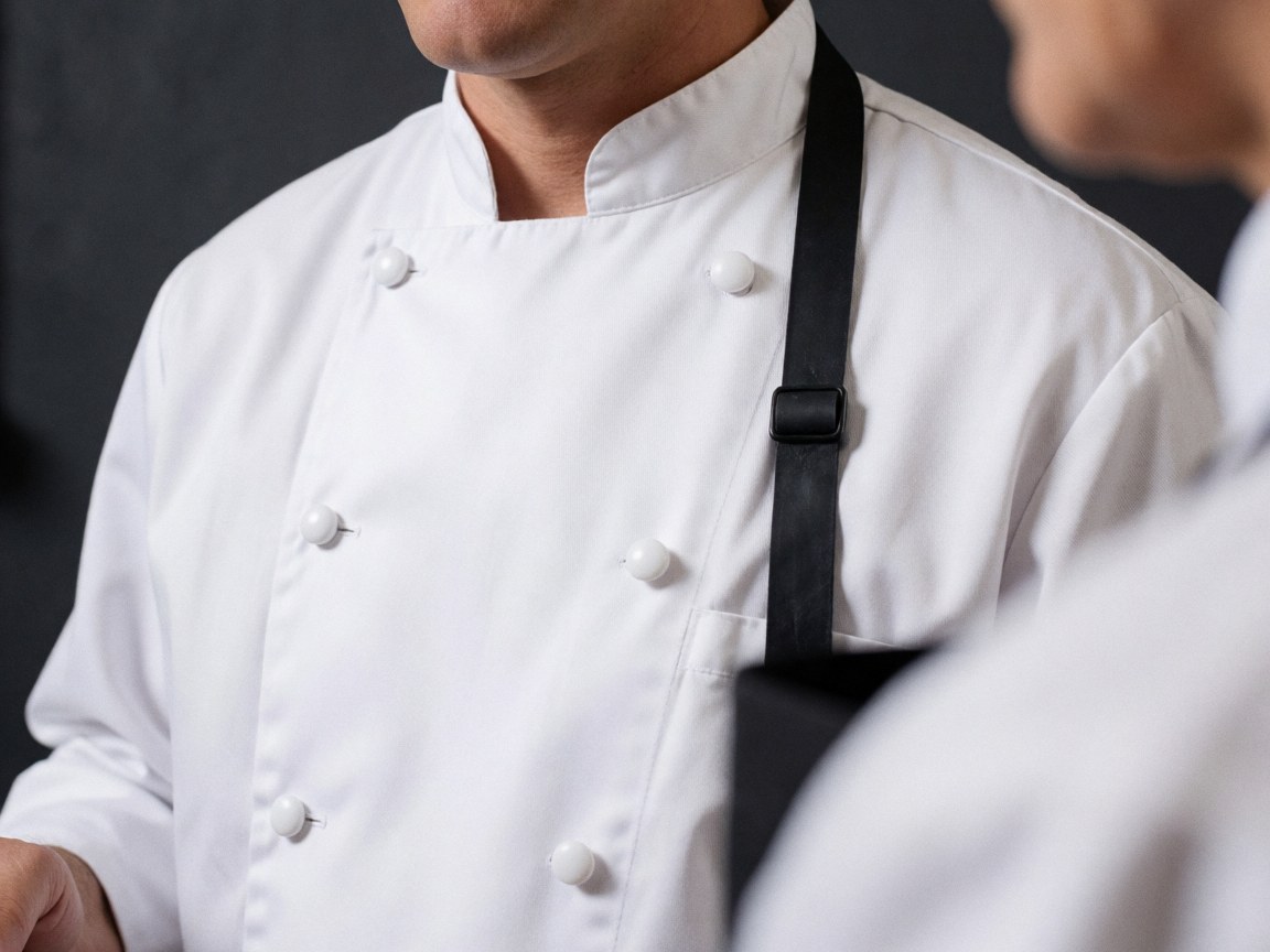 Detailed view of the textured fabric, stitching, and buttons on a professional chef's jacket in a commercial kitchen setting